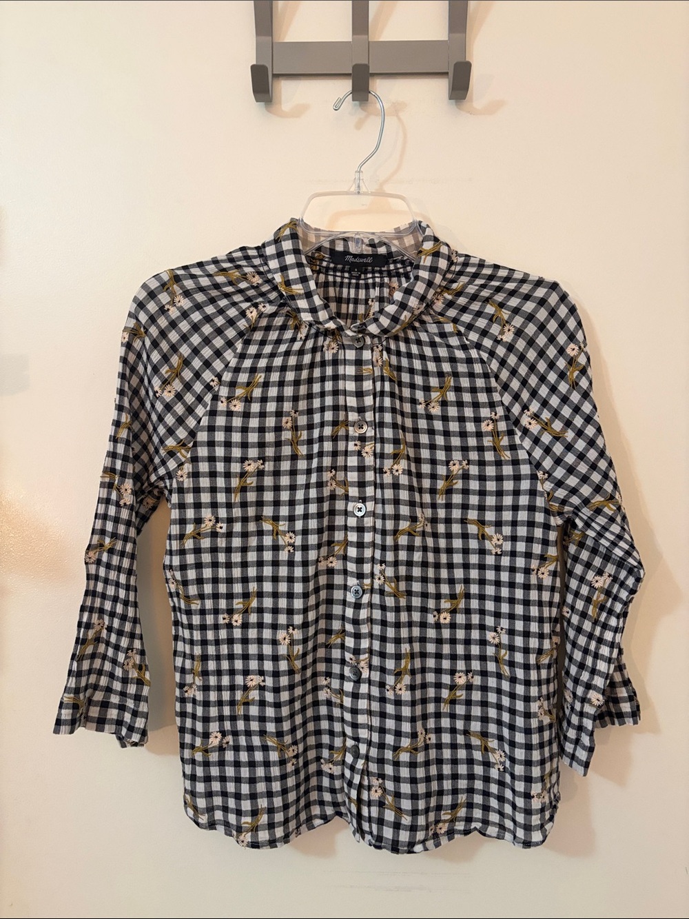 Madewell Black & White Gingham Button-Down with Bird Motif